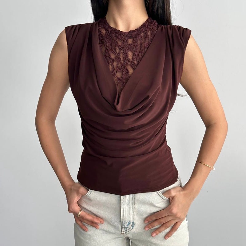 Women Clothing Summer Lace See through round Neck SL Slim