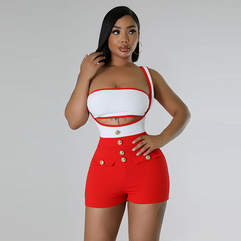 Color Matching Stretch Shorts Suit Summer Sleeveless Suspender Two-Piece Set