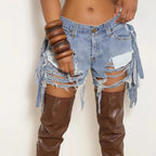 High Waist Ripped Washed Personalized Hole Tassel Shorts