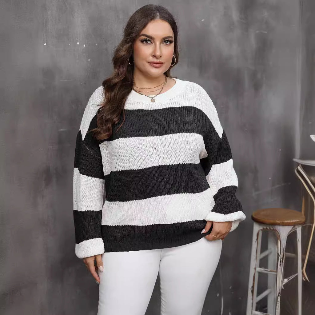 Plus Size Top Women Woven Sweater Women Clothes Contrast Color Striped Color Pullover Sweater