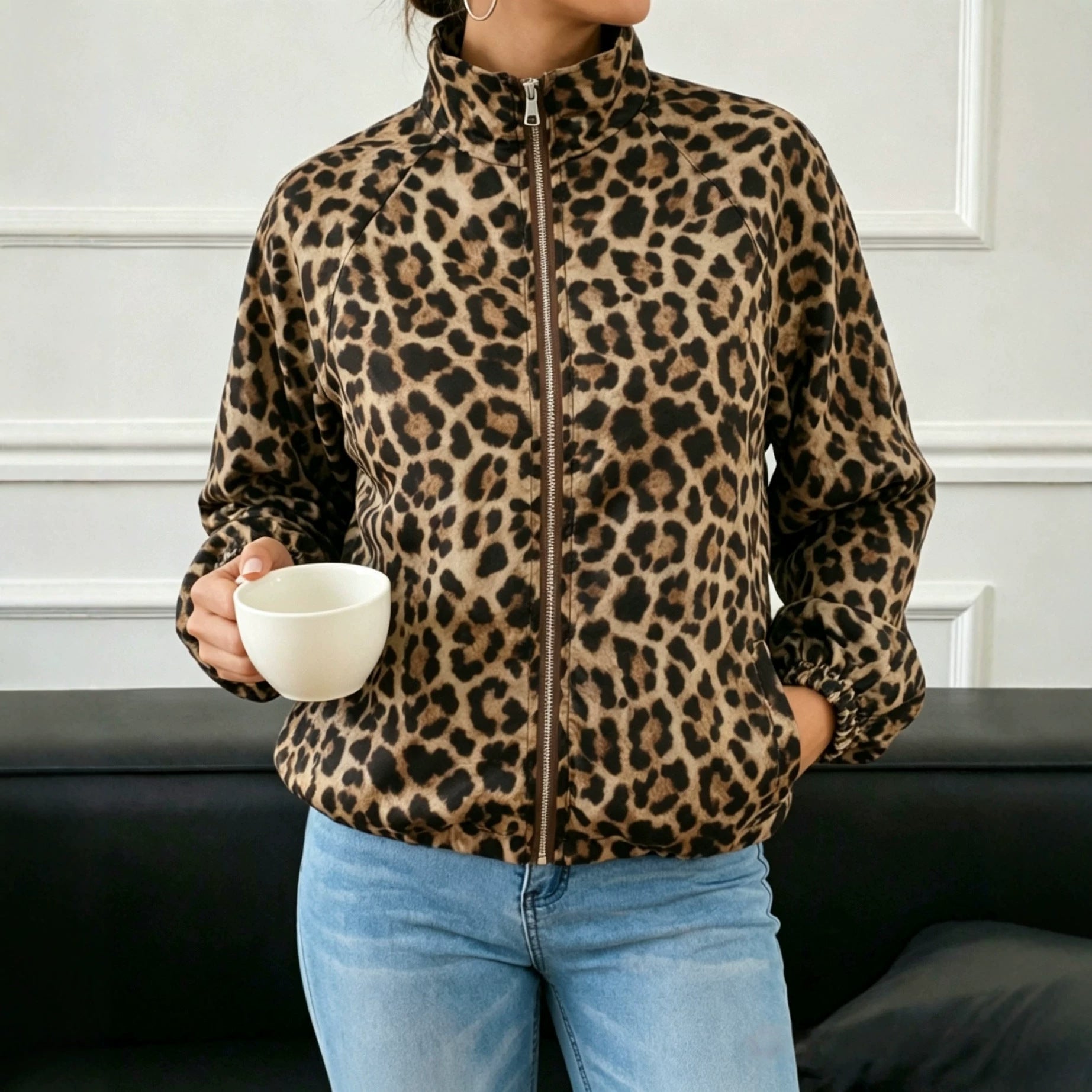 Women Long Sleeved Leopard Print Jacket Spring Lightweight