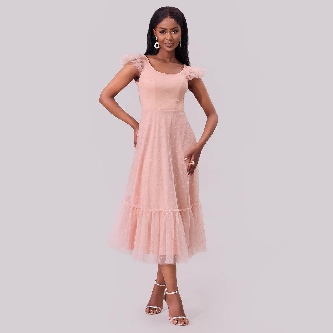 Women's Polka-Dot Lace Ruffle Ruched Backless Dress