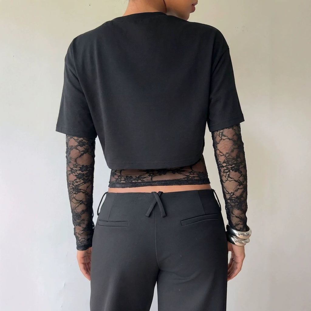 Autumn Lace Stitching Cropped Outfit Slim Solid Color Long