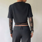 Autumn Lace Stitching Cropped Outfit Slim Solid Color Long