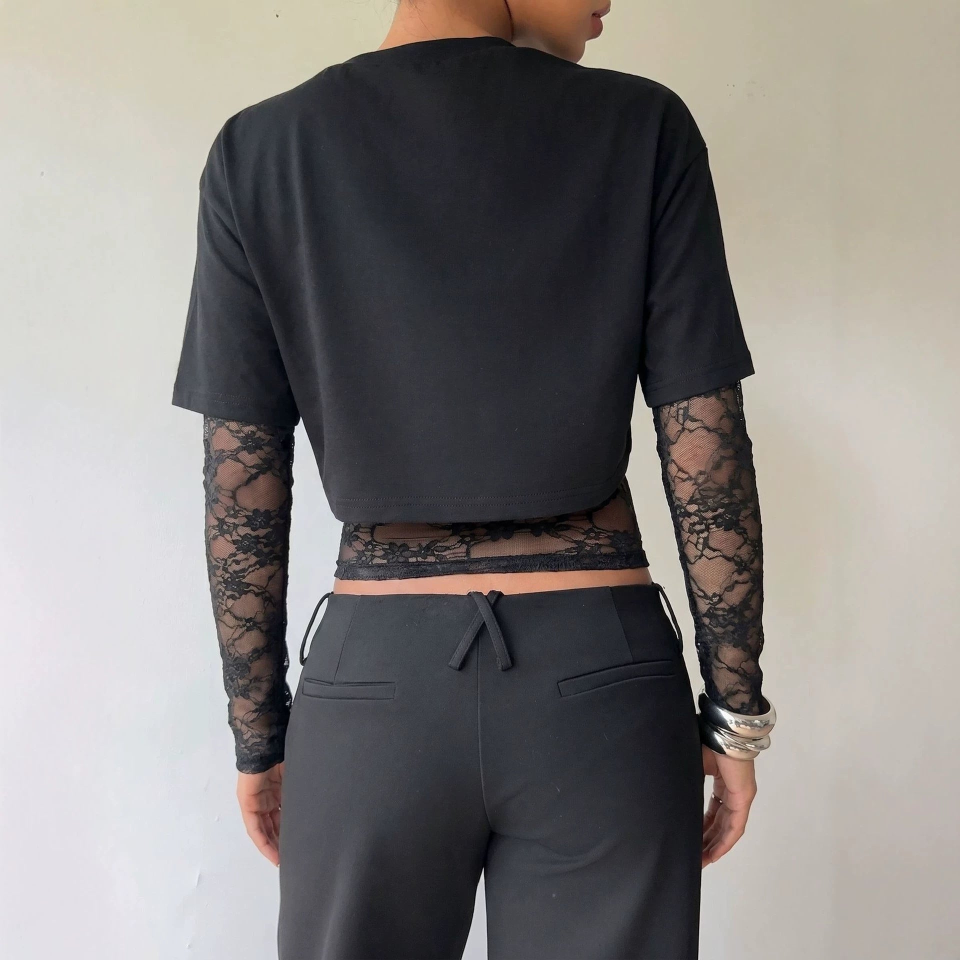 Autumn Lace Stitching Cropped Outfit Slim Solid Color Long