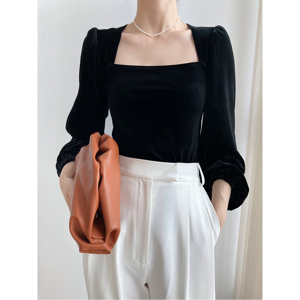 Women's Black Pleuche Square Collar Small Shirt Women Autumn Young Puff Sleeve Shirt Off-Shoulder Top