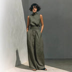Spring Solid Color Elegant Women Simple Cotton Linen Blended Sleeveless Top Wide Leg