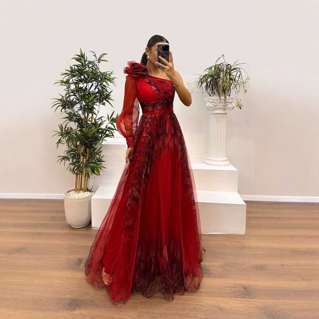 Women's One-Shoulder Floral Mesh Asymmetric Long-Sleeve A-Line Maxi Dress
