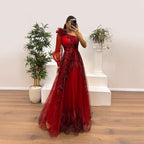 Women's One-Shoulder Floral Mesh Asymmetric Long-Sleeve A-Line Maxi Dress