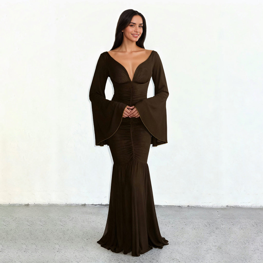 Deep V-Neck Pleated Mesh Formal Dress
