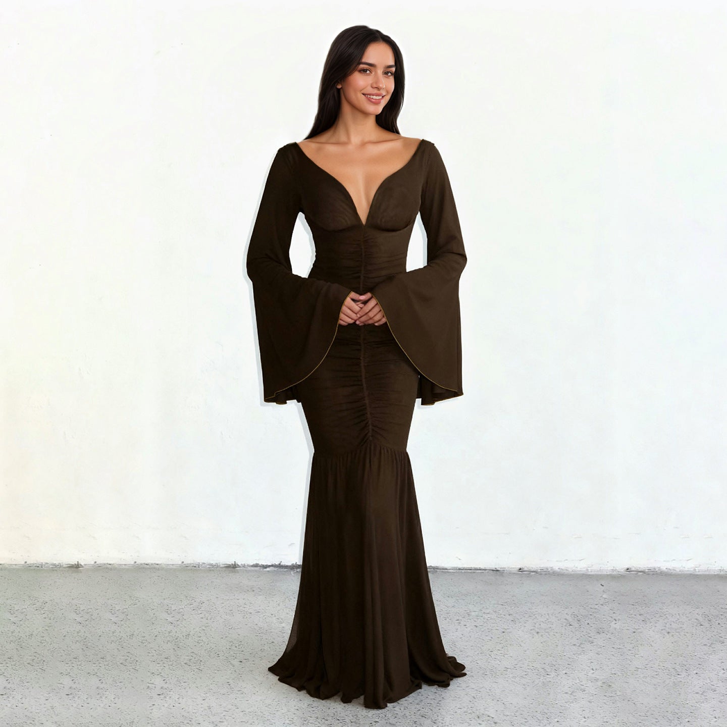 Deep V-Neck Pleated Mesh Formal Dress