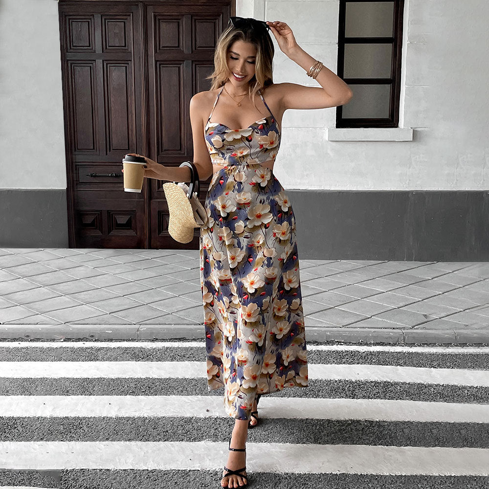 Women's Halter Floral Cutout Backless A-Line Maxi Dress