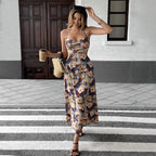 Women's Halter Floral Cutout Backless A-Line Maxi Dress