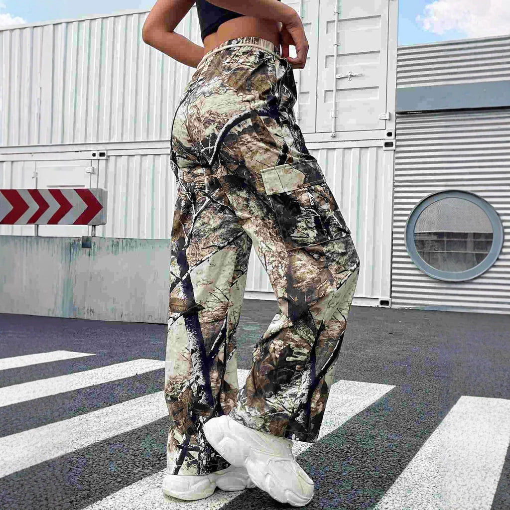 Women's Casual Cool Woven Printed Trousers Heavy Industry Elastic Waist Camouflage Cargo Pants Women Cool Rustling