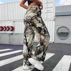 Women's Casual Cool Woven Printed Trousers Heavy Industry Elastic Waist Camouflage Cargo Pants Women Cool Rustling