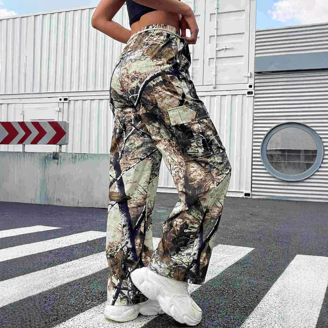 Women's Casual Cool Woven Printed Trousers Heavy Industry Elastic Waist Camouflage Cargo Pants Women Cool Rustling
