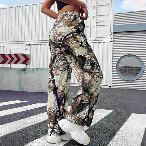 Women's Casual Cool Woven Printed Trousers Heavy Industry Elastic Waist Camouflage Cargo Pants Women Cool Rustling