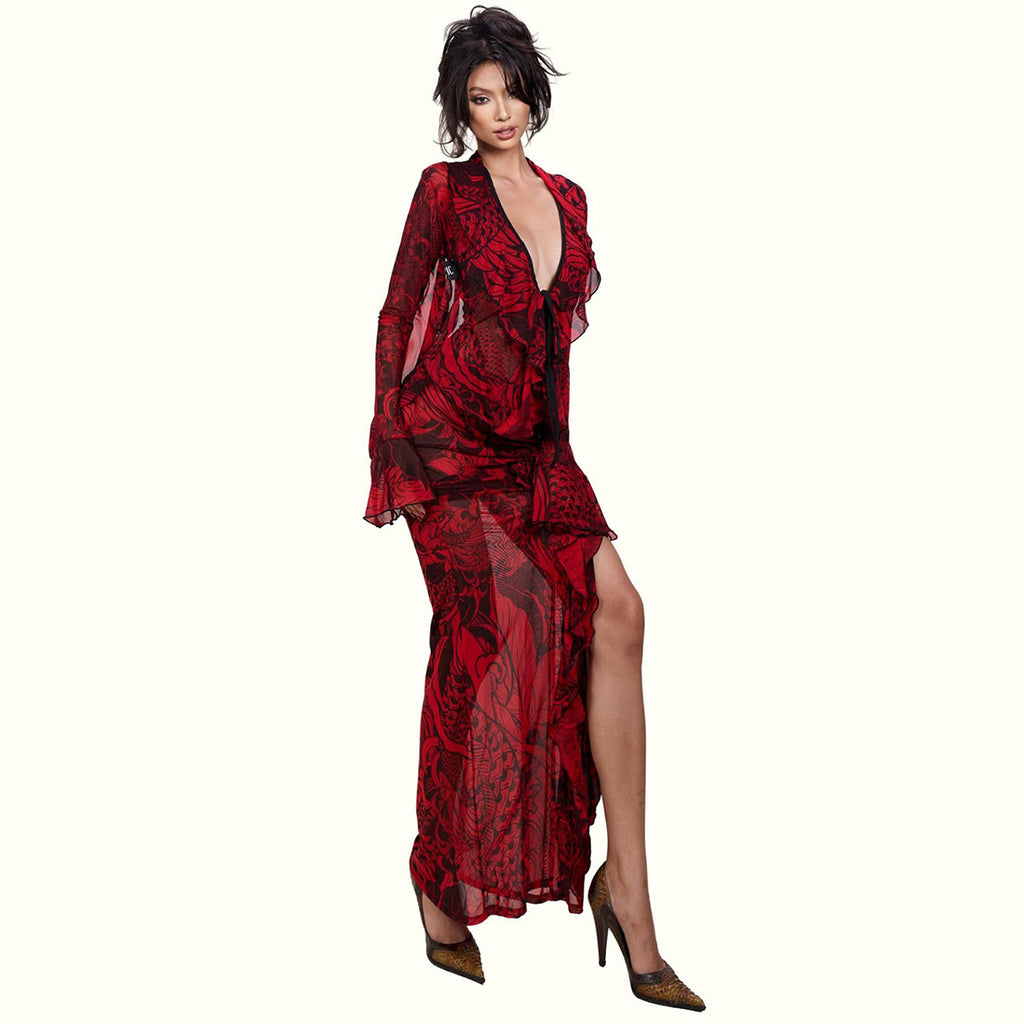 Spring Women Retro Lace Bell Sleeve Sexy Deep V Plunge neck Micro Transparent High Slit Skirt Set