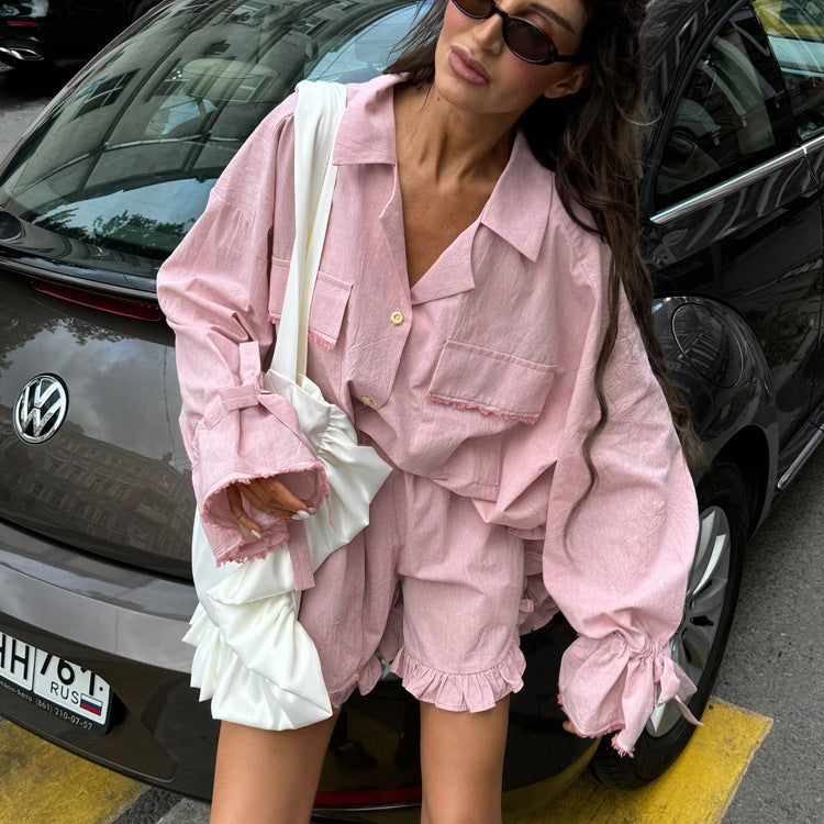 Flared Cardigan Top & Ruffle Shorts Set