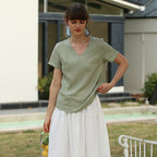 Women's Pure Linen V Neck Short Sleeve T Shirt Top Spring Summer French Casual Cotton Linen Basic All Matching Slimming T Shirt For Women