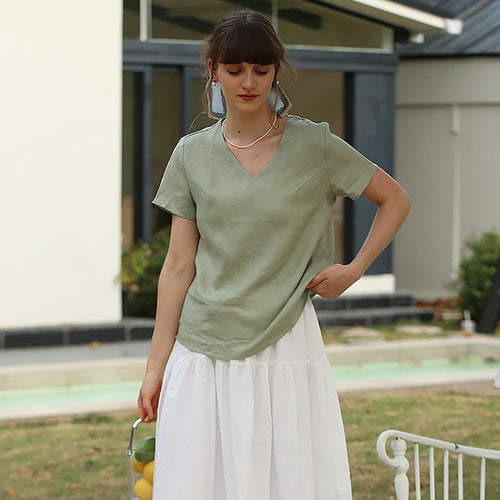 Women's Pure Linen V Neck Short Sleeve T Shirt Top Spring Summer French Casual Cotton Linen Basic All Matching Slimming T Shirt For Women