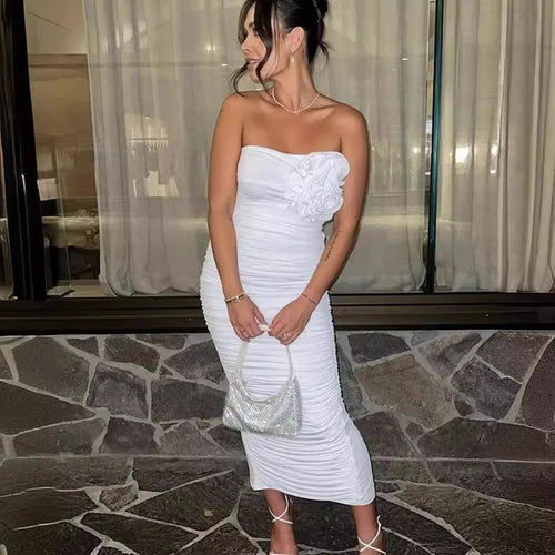 Bandeau Fit Hip Wrapped Pleated Three Dimensional Floral Midi Dress