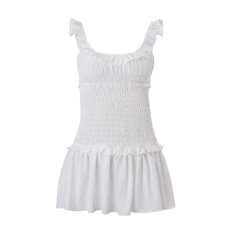 Spring Elegant Wooden Ear Pleated Strap Pleated Dress Short for