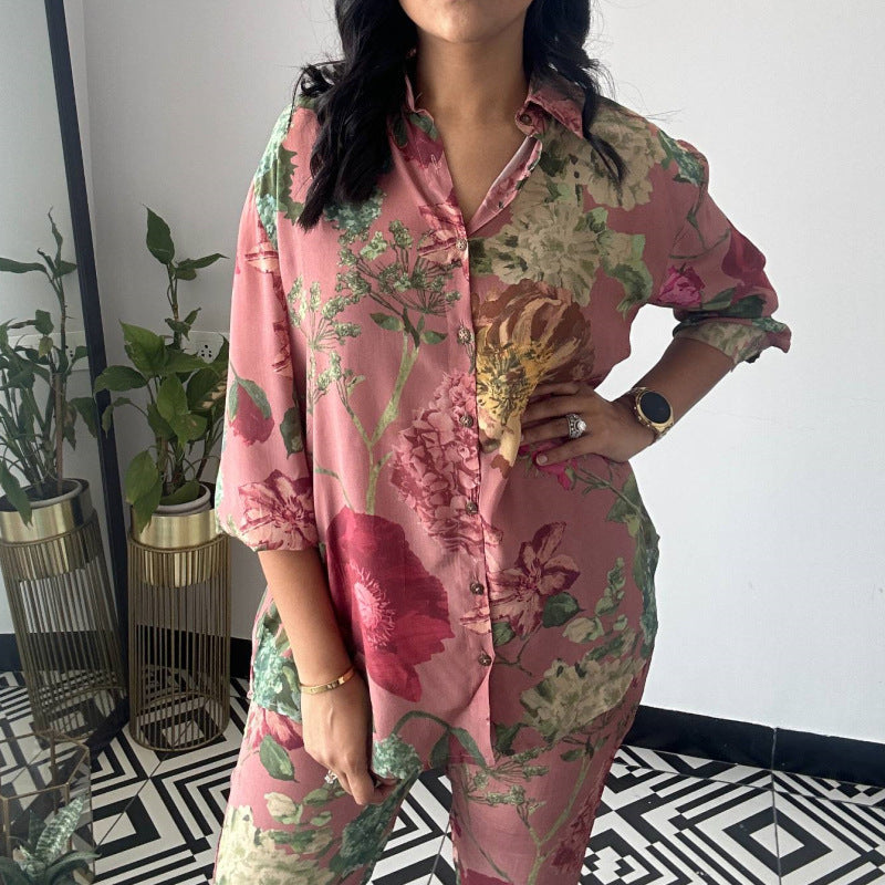 Women's Shirt Cropped Pants Floral Printed Two Piece Sets
