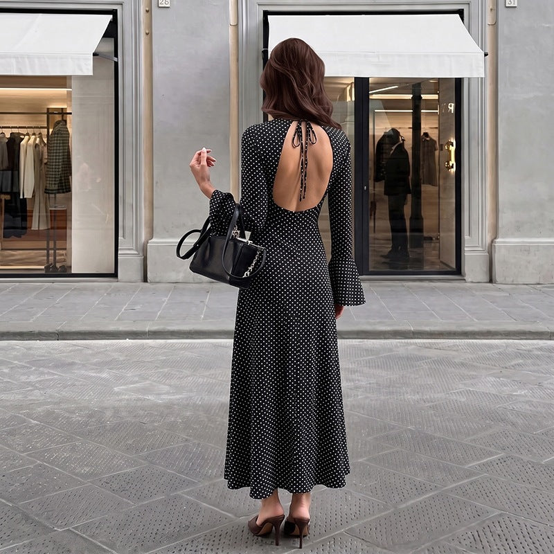 Women's Polka-Dot Backless Lace-Up Maxi Dress