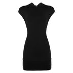 Black fitted mini dress with high neck and short cap sleeves