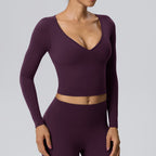 Women's Sexy V Neck Yoga Long Sleeve Nude Feel Quick Drying Double Sided Sanding With Chest Pad Sportswear Workout Top