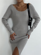 Crew-Neck Long-Sleeve Split Knit Bodycon Maxi Dress