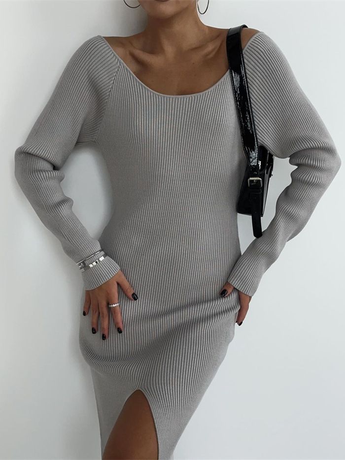 Crew-Neck Long-Sleeve Split Knit Bodycon Maxi Dress