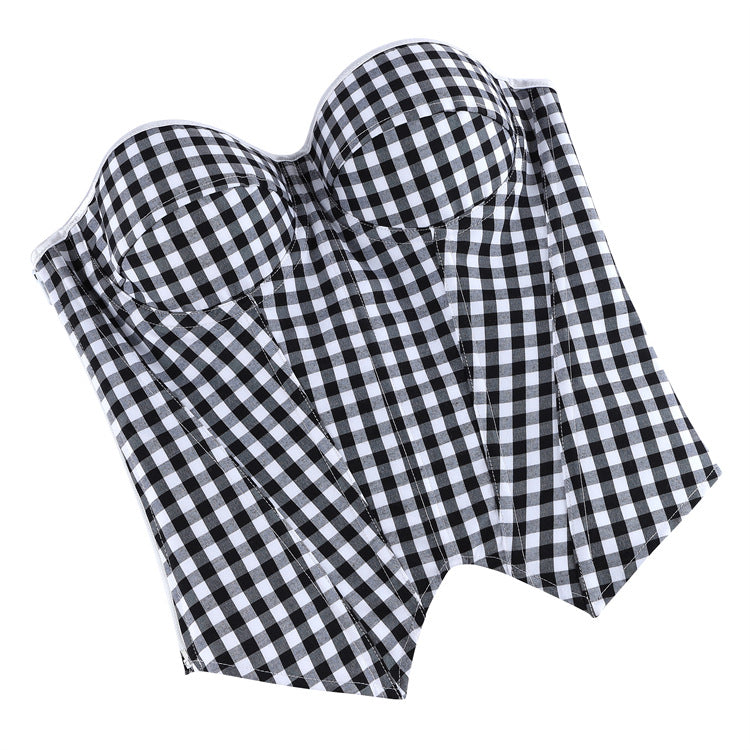 Retro Black White Lattice Pattern Tube Top Body Shaping Waist Slimming outside Wear Inner Wear Strapless Top Side Zipper Belt