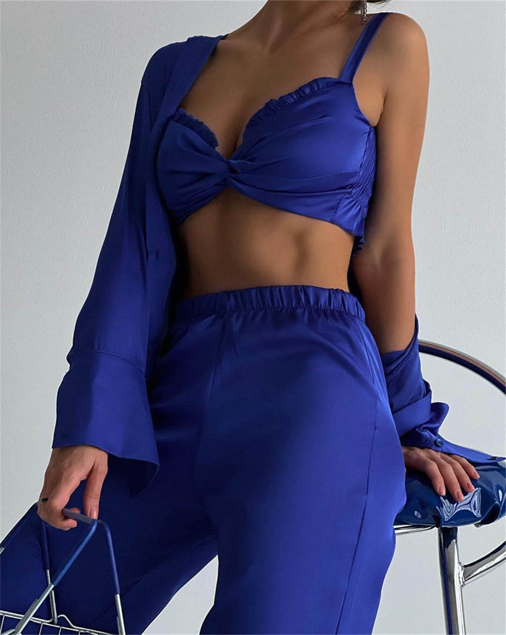 Spring Autumn Casual Satin Wrapped Chest Vest Shirt Pants Three-Piece Set