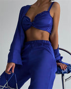 Spring Autumn Casual Satin Wrapped Chest Vest Shirt Pants Three-Piece Set