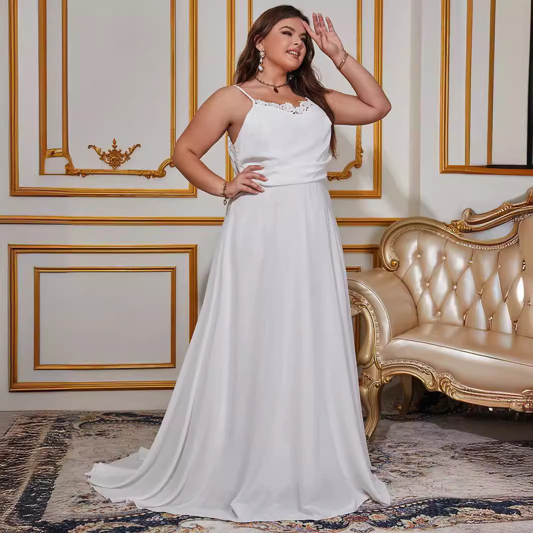 Women's Plus Size Solid Color Sling Backless Trailing Cocktail Ladies Wedding Dress