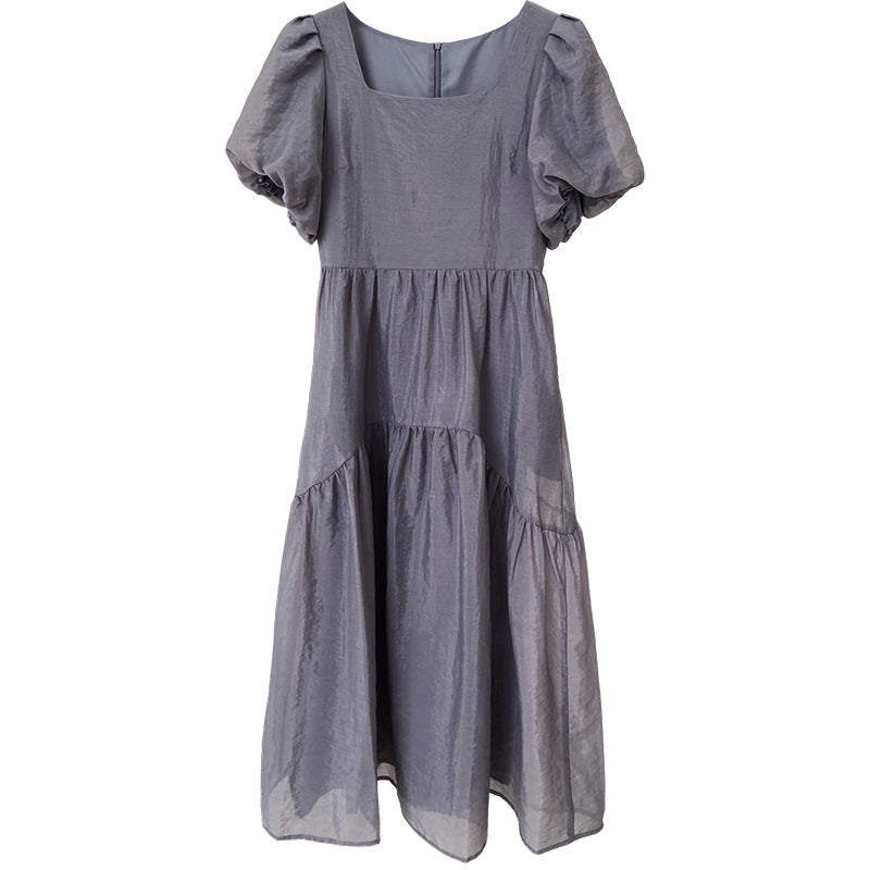 Square-Neck Puff Sleeve High-Waist Net Yarn Mid Length Dress