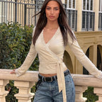 Women's Autumn Solid Color V Neck Lace Band Long Sleeved T Shirt