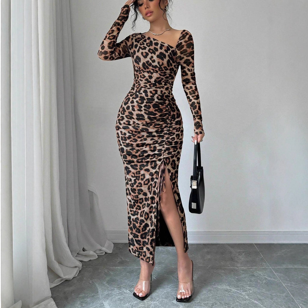 Leopard Print Dress Autumn Winter Slim Hip Long Sleeve Inner Wear Office