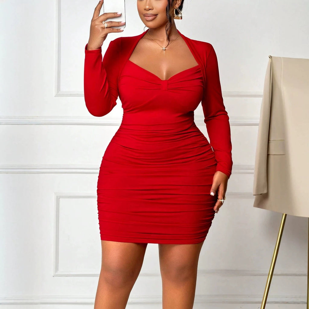 Women's Plus Size Twisted-Collar Pleated Sheath Short Dress