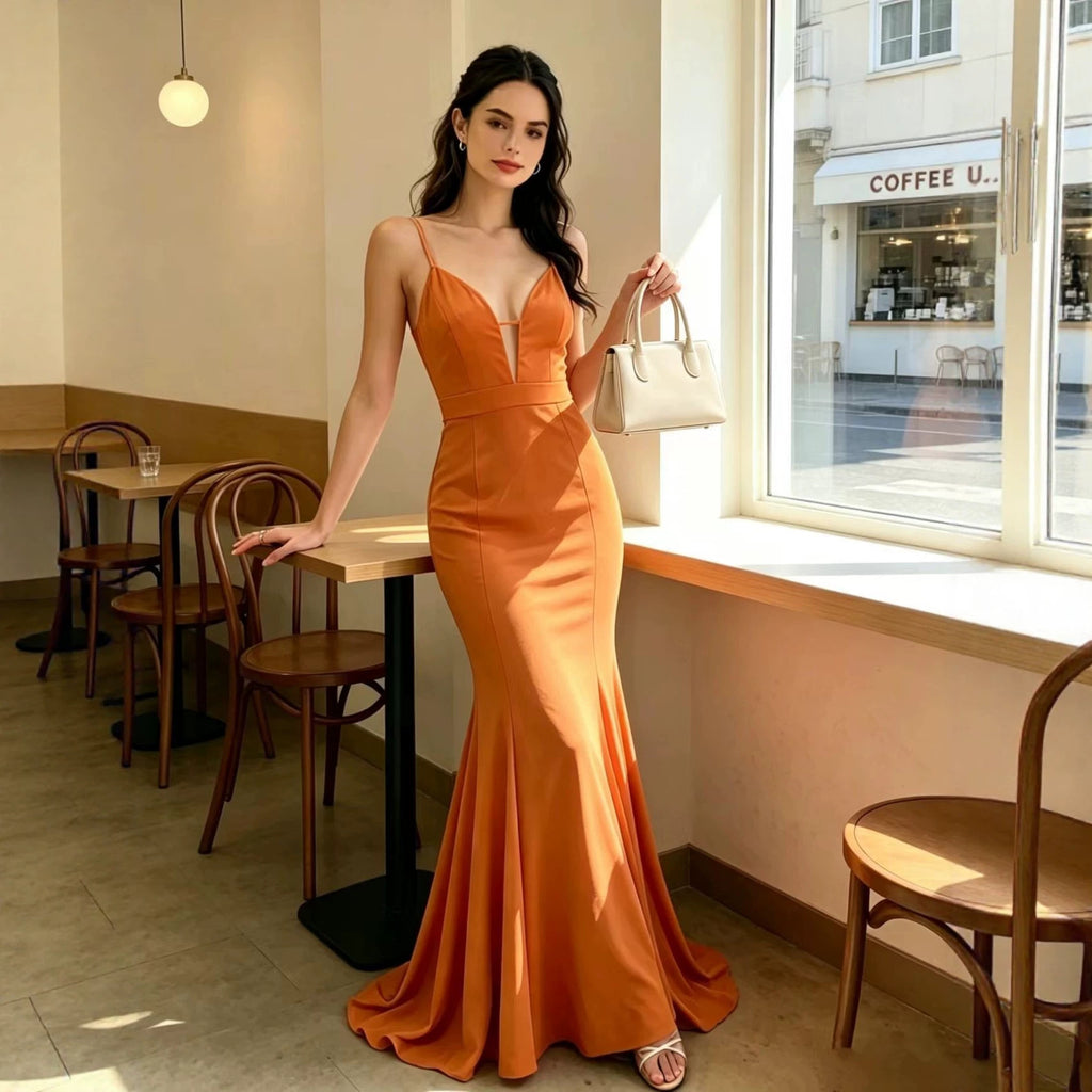 Women's Backless V-Neck Fishtail Maxi Dress