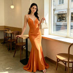 Women's Backless V-Neck Fishtail Maxi Dress