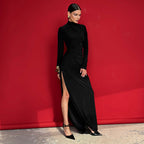 Solid Color Half High Collar Long Sleeves Slit Long Dress