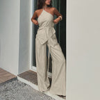Striped Sexy Women Design Lace up Halterneck Sexy Backless Top Wide Leg Pants Two Piece Sets