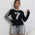 Women's Autumn Retro Slim Sexy Printed Striped Short Long Sleeve Top Women