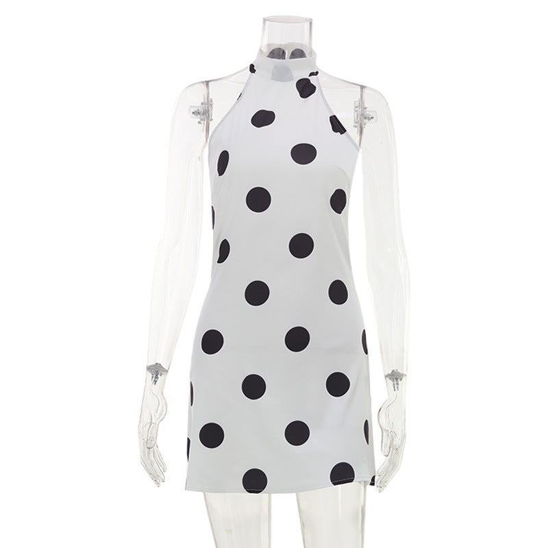 Polka dot satin halter mini dress with sheer long sleeves, black dots on white