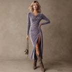 Women's Purple Velvet High-Slit Midi Dress