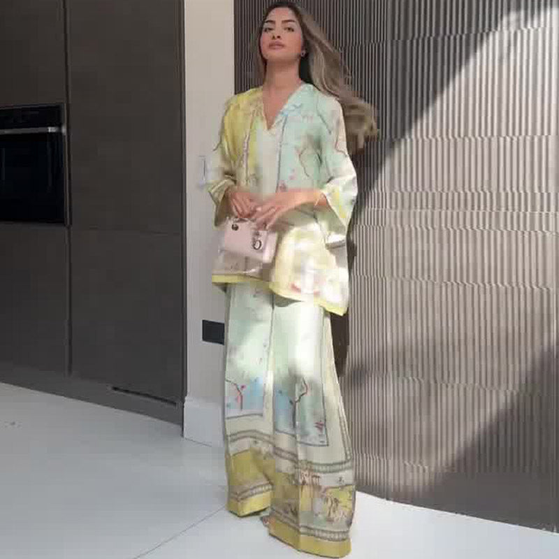 Elegant Printed Top Wide Leg Pants Two Piece Set
