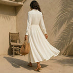 Fall Women Clothing Long Sleeve Shirt Dress Waist Slimming Vacation Solid Color Dress